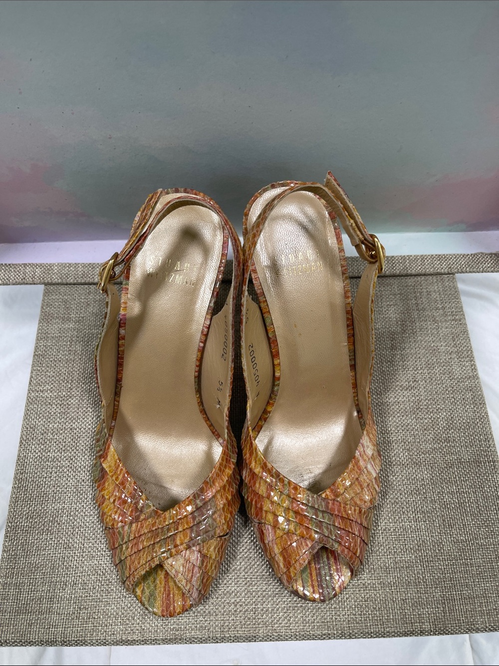 Stuart Weitzman Multicolor Woven Peep-Toe Slingback Heels